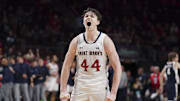March 12, 2024; Las Vegas, NV, USA; Saint Mary's Gaels guard Alex Ducas (44) celebrates against the Gonzaga Bulldogs during the second half in the finals of the WCC Basketball Championship at Orleans Arena. Mandatory Credit: Kyle Terada-Imagn Images