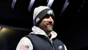 Nov 14, 2024; Philadelphia, Pennsylvania, USA; Philadelphia Eagles head coach Nick Sirianni before action against the Washington Commanders at Lincoln Financial Field. Mandatory Credit: Bill Streicher-Imagn Imagess