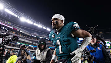 Dec 15, 2024; Philadelphia, Pennsylvania, USA; Philadelphia Eagles quarterback Jalen Hurts (1) after a victory against the Pittsburgh Steelers at Lincoln Financial Field. Mandatory Credit: Bill Streicher-Imagn Images