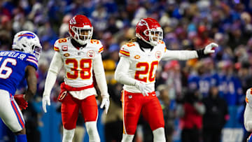 Jan 21, 2024; Orchard Park, New York, USA; Kansas City Chiefs cornerback L'Jarius Sneed (38) and safety Justin Reid (20) against the Buffalo Bills in the 2024 AFC divisional round game at Highmark Stadium. Mandatory Credit: Mark J. Rebilas-Imagn Images