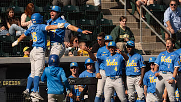UCLA players celebrates as they break out the bats in the 7th inning to defeat the Oregon Ducks at PK Park in Eugene April 19, 2025