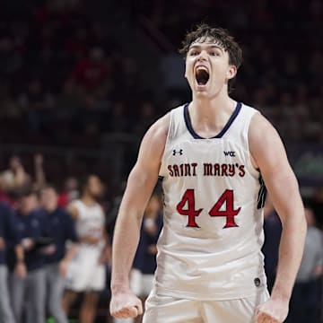 March 12, 2024; Las Vegas, NV, USA; Saint Mary's Gaels guard Alex Ducas (44) celebrates against the Gonzaga Bulldogs during the second half in the finals of the WCC Basketball Championship at Orleans Arena. Mandatory Credit: Kyle Terada-Imagn Images