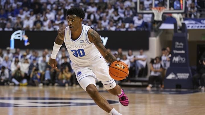 Feb 14, 2026; Provo, Utah, USA; BYU Cougars forward Kennard Davis Jr. (30) drives during the first half against the Colorado Buffaloes at the Marriott Center. Mandatory Credit: Aaron Baker-Imagn Images