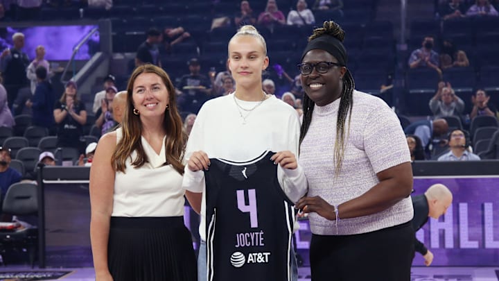 Golden State Valkyries president Jess Smith, guard Juste Jocyte, and general manager Ohemaa Nyanin at Chase Center. 