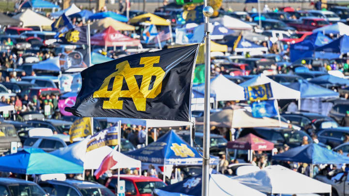 Oct 15, 2022; South Bend, Indiana, USA; Fans tailgate outside Notre Dame Stadium before the game between the Notre Dame Fighting Irish and the Stanford Cardinal. Mandatory Credit: Matt Cashore-USA TODAY Sports