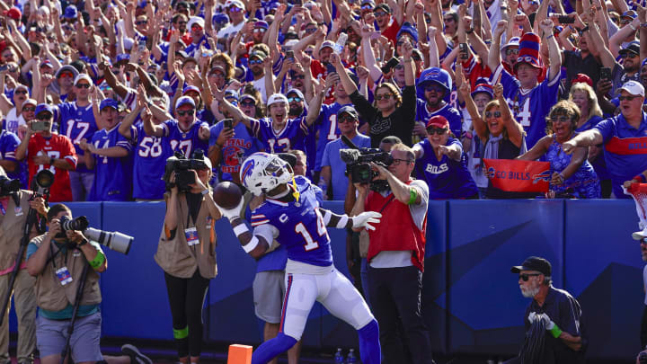 Oct 1, 2023; Orchard Park, New York, USA; Buffalo Bills wide receiver Stefon Diggs (14) throws the