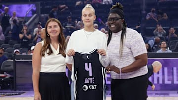 Aug 17, 2025; San Francisco, California, USA;  Golden State Valkyries president Jess Smith, 2025 number one draft pick (5th overall) Juste Jocyte, and general manager Ohemaa Nyanin pose during a jersey presentation before the Atlanta Dream game at Chase Center. Mandatory Credit: David Gonzales-Imagn