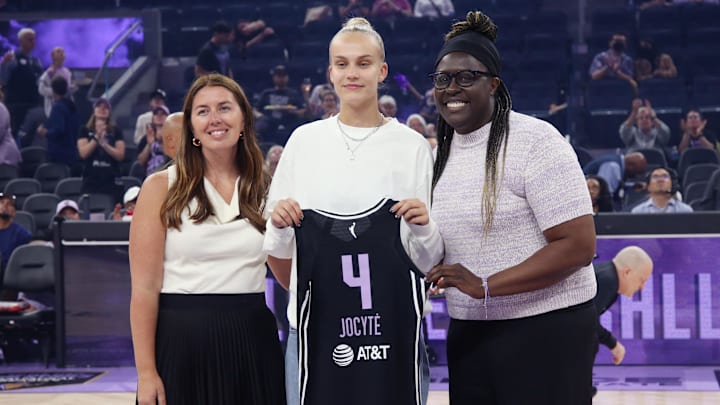 Aug 17, 2025; San Francisco, California, USA;  Golden State Valkyries president Jess Smith, 2025 number one draft pick (5th overall) Juste Jocyte, and general manager Ohemaa Nyanin pose during a jersey presentation before the Atlanta Dream game at Chase Center. Mandatory Credit: David Gonzales-Imagn