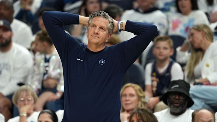 May 26, 2025; Minneapolis, Minnesota, USA;Minnesota Timberwolves head coach Chris Finch reacts against the Oklahoma City Thunder in the first half during game four of the western conference finals for the 2025 NBA Playoffs at Target Center. Mandatory Credit: Jesse Johnson-Imagn Images May 26, 2025; Minneapolis, Minnesota, USA;Minnesota Timberwolves head coach Chris Finch reacts against the Oklahoma City Thunder in the first half during game four of the western conference finals for the 2025 NBA Playoffs at Target Center. Mandatory Credit: Jesse Johnson-Imagn Images