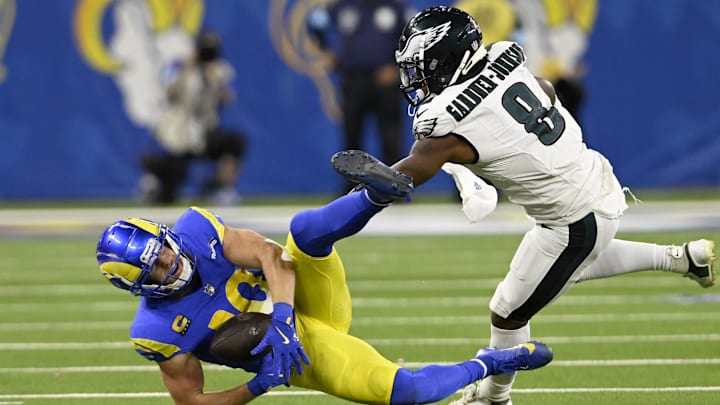 Nov 24, 2024; Inglewood, California, USA; Los Angeles Rams wide receiver Cooper Kupp (10) gets upended by Philadelphia Eagles safety C.J. Gardner-Johnson (8) after a catch during the second half at SoFi Stadium. Mandatory Credit: Alex Gallardo-Imagn Images Nov 24, 2024; Inglewood, California, USA; Los Angeles Rams wide receiver Cooper Kupp (10) gets upended by Philadelphia Eagles safety C.J. Gardner-Johnson (8) after a catch during the second half at SoFi Stadium. Mandatory Credit: Alex Gallardo-Imagn Images