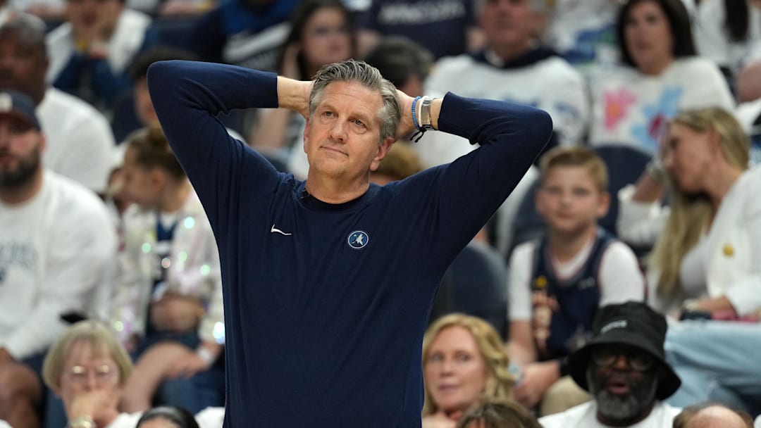 May 26, 2025; Minneapolis, Minnesota, USA;Minnesota Timberwolves head coach Chris Finch reacts against the Oklahoma City Thunder in the first half during game four of the western conference finals for the 2025 NBA Playoffs at Target Center. Mandatory Credit: Jesse Johnson-Imagn Images