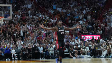 Mar 2, 2024; Miami, Florida, USA; Miami Heat forward Jimmy Butler (22) celebrates as the Heat pull away late in the fourth period at Kaseya Center. Mandatory Credit: Peter Joneleit-USA TODAY Sports