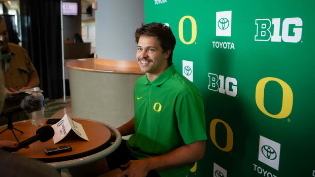 Oregon tight end Patrick Herbert speaks during Oregon football’s media day 