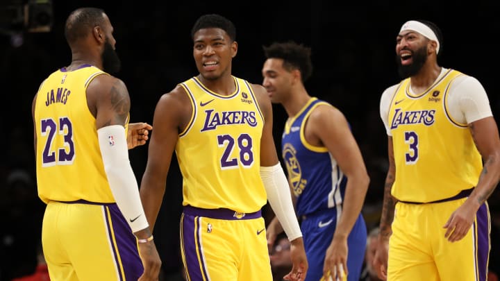 Oct 13, 2023; Los Angeles, California, USA; Los Angeles Lakers forward Rui Hachimura (28) smiles with forward LeBron James (23) and forward Anthony Davis (3) during the first half against the Golden State Warriors at Crypto.com Arena. Mandatory Credit: Kiyoshi Mio-USA TODAY Sports