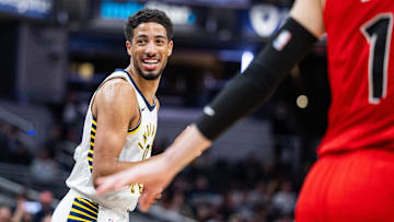 Feb 26, 2025; Indianapolis, Indiana, USA; Indiana Pacers guard Tyrese Haliburton (0) celebrates a made basket in the second half against the Toronto Raptors at Gainbridge Fieldhouse. Mandatory Credit: Trevor Ruszkowski-Imagn Images