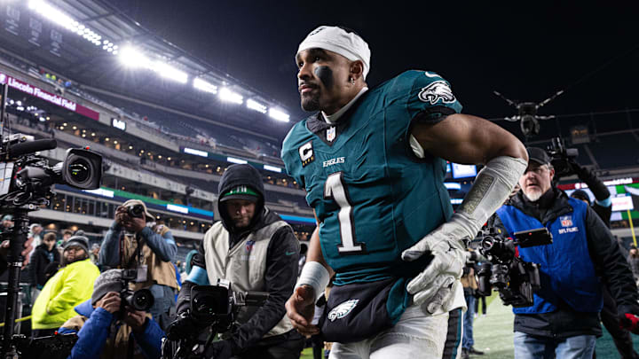 Dec 15, 2024; Philadelphia, Pennsylvania, USA; Philadelphia Eagles quarterback Jalen Hurts (1) after a victory against the Pittsburgh Steelers at Lincoln Financial Field. Mandatory Credit: Bill Streicher-Imagn Images