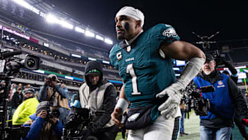 Dec 15, 2024; Philadelphia, Pennsylvania, USA; Philadelphia Eagles quarterback Jalen Hurts (1) after a victory against the Pittsburgh Steelers at Lincoln Financial Field. Mandatory Credit: Bill Streicher-Imagn Images