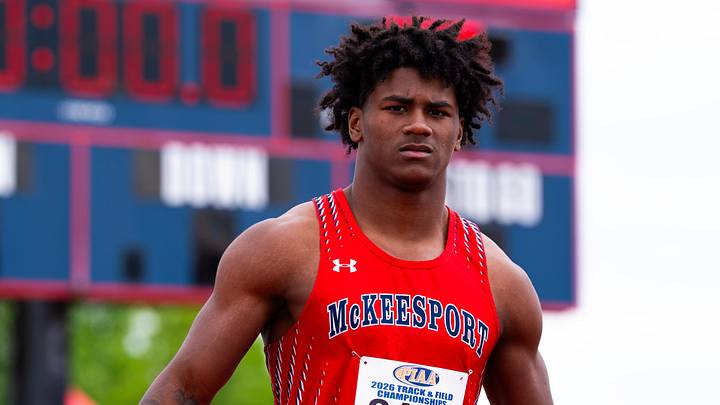 McKeesport's Kemon Spell prepares to race in the 3A boys 100-meter dash trials at the PIAA Track and Field Championships at Shippensburg University's Seth Grove Stadium, Friday, May 22, 2026.