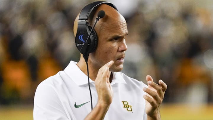 Sep 2, 2023; Waco, Texas, USA; Baylor Bears head coach Dave Aranda on the side lines during the second half against the Texas State Bobcats at McLane Stadium. Mandatory Credit: Raymond Carlin III-Imagn Images Sep 2, 2023; Waco, Texas, USA; Baylor Bears head coach Dave Aranda on the side lines during the second half against the Texas State Bobcats at McLane Stadium. Mandatory Credit: Raymond Carlin III-Imagn Images