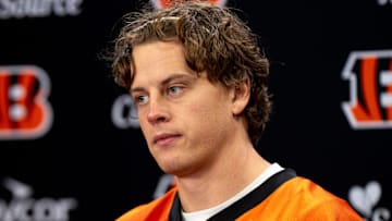 Cincinnati Bengals quarterback Joe Burrow speaks at a press conference at Paycor Stadium in Cincinnati on Nov. 25, 2025.