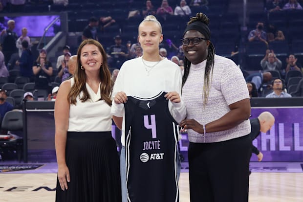 Golden State president Jess Smith, 2025 number one draft pick (5th overall) Juste Jocyte, and general manager Ohemaa Nyanin.