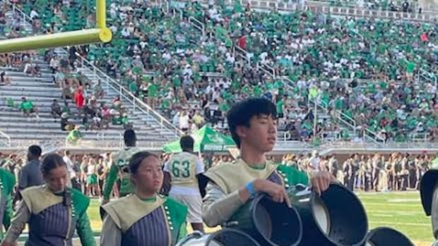 Buford High band members march for the first time in 2025.