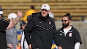Nov 23, 2024; Berkeley, California, USA; Stanford Cardinal head coach Troy Taylor walks on the field before the game against the California Golden Bears at California Memorial Stadium. Mandatory Credit: Darren Yamashita-Imagn Images