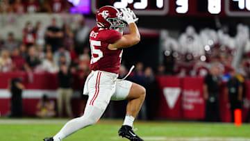 Sep 28, 2024; Tuscaloosa, Alabama, USA;  Alabama Crimson Tide tight end Robbie Ouzts (45) catches a pass against the Georgia Bulldogs during the first half at Bryant-Denny Stadium. Mandatory Credit: John David Mercer-Imagn Images