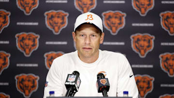 Jul 24, 2025; Lake Forest, IL, USA; Chicago Bears head coach Ben Johnson speaks during training camp at Halas Hall. Mandatory Credit: Kamil Krzaczynski-Imagn Images