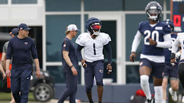 Jun 3, 2025; Lake Forest, IL, USA; Chicago Bears cornerback Jaylon Johnson (1) warms up during minicamp at Halas Hall. Mandatory Credit: Kamil Krzaczynski-Imagn Images