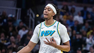 Nov 24, 2024; Indianapolis, Indiana, USA; Indiana Pacers center Moses Brown (3) celebrates a made basket in the second half against the Washington Wizards at Gainbridge Fieldhouse. Mandatory Credit: Trevor Ruszkowski-Imagn Images