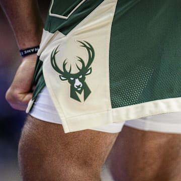 Oct 11, 2019; Dallas, TX, USA; A view of the Milwaukee Bucks logo during the game between the Mavericks and the Bucks at the American Airlines Center. Mandatory Credit: Jerome Miron-Imagn Images