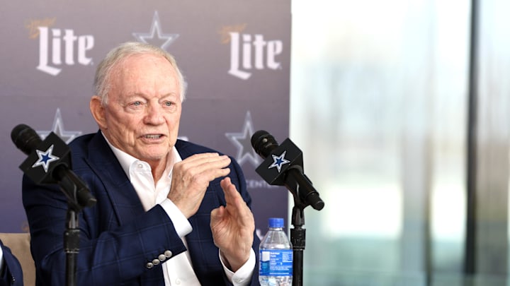 Jan 27, 2025; Frisco, TX, USA;   Dallas Cowboys owner Jerry Jones speaks to the media at a press conference at the Star.  Mandatory Credit: Tim Heitman-Imagn Images