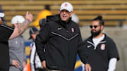 Nov 23, 2024; Berkeley, California, USA; Stanford Cardinal head coach Troy Taylor walks on the field before the game against the California Golden Bears at California Memorial Stadium. Mandatory Credit: Darren Yamashita-Imagn Images
