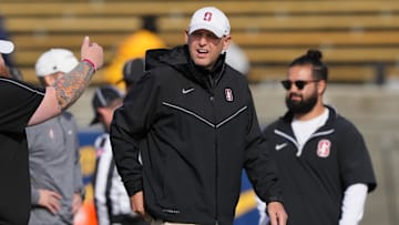 Nov 23, 2024; Berkeley, California, USA; Stanford Cardinal head coach Troy Taylor walks on the field before the game against the California Golden Bears at California Memorial Stadium. Mandatory Credit: Darren Yamashita-Imagn Images