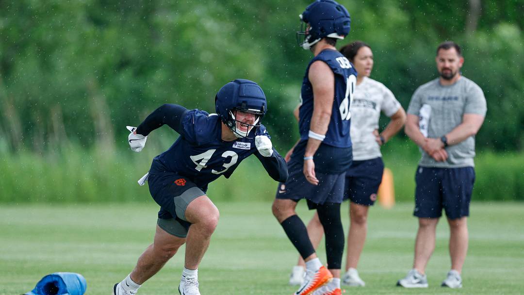 Tight end Hayden Large runs ont he practice field prior to the start of work. Large has made the Bears' roster, at least for now. Tight end Hayden Large runs ont he practice field prior to the start of work. Large has made the Bears' roster, at least for now.