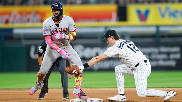 Aug 8, 2026: Cleveland Guardians left fielder Angel Martinez (1) reacts after hitting a double against the Chicago White Sox during the sixth inning at Rate Field. Credit: Kamil Krzaczynski-Imagn Images