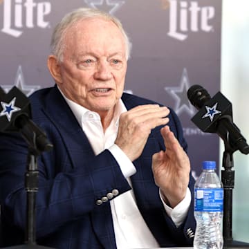 Dallas Cowboys owner Jerry Jones speaks to the media at a press conference at the Star. 