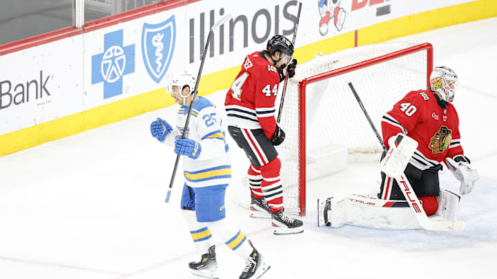 Apr 11, 2026; Chicago, Illinois, USA; St. Louis Blues right wing Jordan Kyrou (25) reacts after scoring against the Chicago Blackhawks during the second period at United Center. Mandatory Credit: Kamil Krzaczynski-Imagn Images