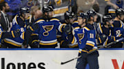Dec 27, 2024; St. Louis, Missouri, USA; St. Louis Blues center Robert Thomas (18) is congratulated by teammates after scoring a goal against the Nashville Predators during the third period at Enterprise Center. Mandatory Credit: Jeff Le-Imagn Images
