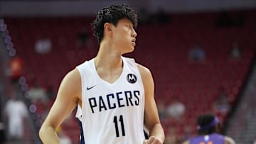 Jul 17, 2022; Las Vegas, NV, USA; Indiana Pacers forward Fanbo Zeng (11) runs up court during an NBA Summer League game against the Phoenix Suns at Thomas & Mack Center. Mandatory Credit: Stephen R. Sylvanie-Imagn Images