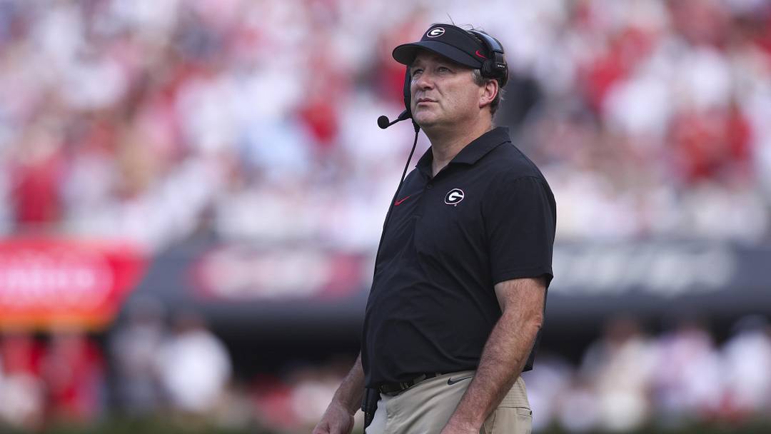 Oct 18, 2025; Athens, Georgia, USA;  Georgia Bulldogs head coach Kirby Smart reacts during the first half of the game against the Mississippi Rebels at Sanford Stadium. Mandatory Credit: Brett Davis-Imagn Images