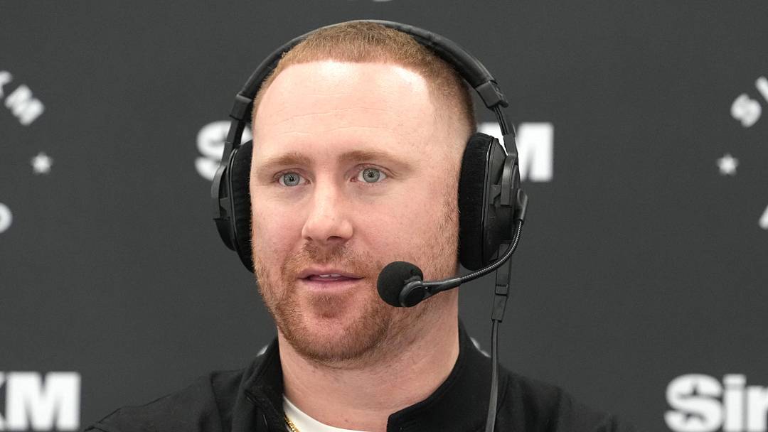 Feb 24, 2026; Indianapolis, IN, USA; Buffalo Bills coach Joe Brady on the SiriusXM NFL Radio set at the NFL Scouting Combine at the Indiana Convention Center. Mandatory Credit: Kirby Lee-Imagn Images