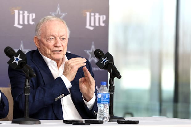 Dallas Cowboys owner Jerry Jones speaks to the media at a press conference at the Star.  Mandatory Credit: 