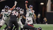 Dec 7, 2025; Atlanta, Georgia, USA; Seattle Seahawks quarterback Sam Darnold (14) throws a pass against the Atlanta Falcons in the fourth quarter at Mercedes-Benz Stadium. Mandatory Credit: Brett Davis-Imagn Images