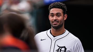 Detroit Tigers designated hitter Riley Greene (31) talks to teammates in the dugout during the first inning against Minnesota Twins at Comerica Park in Detroit in Monday, August 4, 2025.