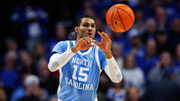 Dec 2, 2025; Lexington, Kentucky, USA; North Carolina Tar Heels forward Jarin Stevenson (15) grabs a pass during the second half against the Kentucky Wildcats at Rupp Arena at Central Bank Center. Mandatory Credit: Jordan Prather-Imagn Images