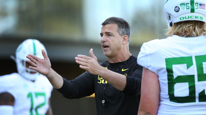 Oregon head coach Mario Cristobal leads practice during Fall Camp for the Ducks. Syndication The Register Guard