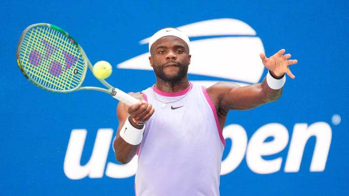 Aug 28, 2024; Flushing, NY, USA;  Frances Tiafoe (USA) hits to Alexander Shevchenko (KAZ) on day three of the 2024 U.S. Open tennis tournament at USTA Billie Jean King National Tennis Center. Mandatory Credit: Robert Deutsch-USA TODAY Sports