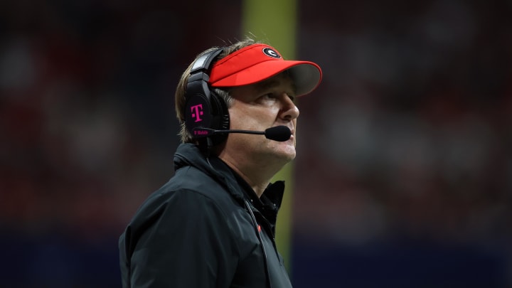 Dec 2, 2023; Atlanta, GA, USA; Georgia Bulldogs head coach Kirby Smart looks on in the third quarter against the Alabama Crimson Tide at Mercedes-Benz Stadium. Mandatory Credit: Brett Davis-USA TODAY Sports